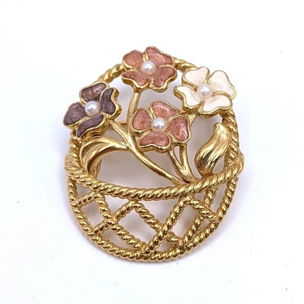 Marvella Flower Basket Brooch Vintage Enamel Faux Pearl Gold Tone Pin 1.5